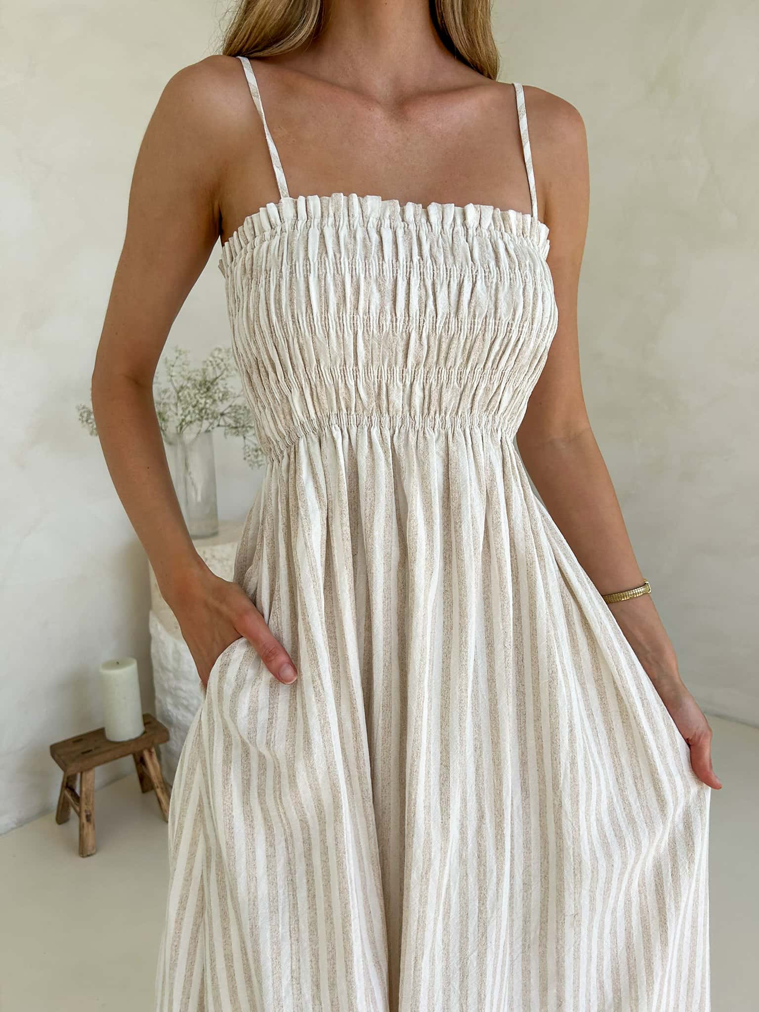 Palm Cove Dress - Beige & White Stripe