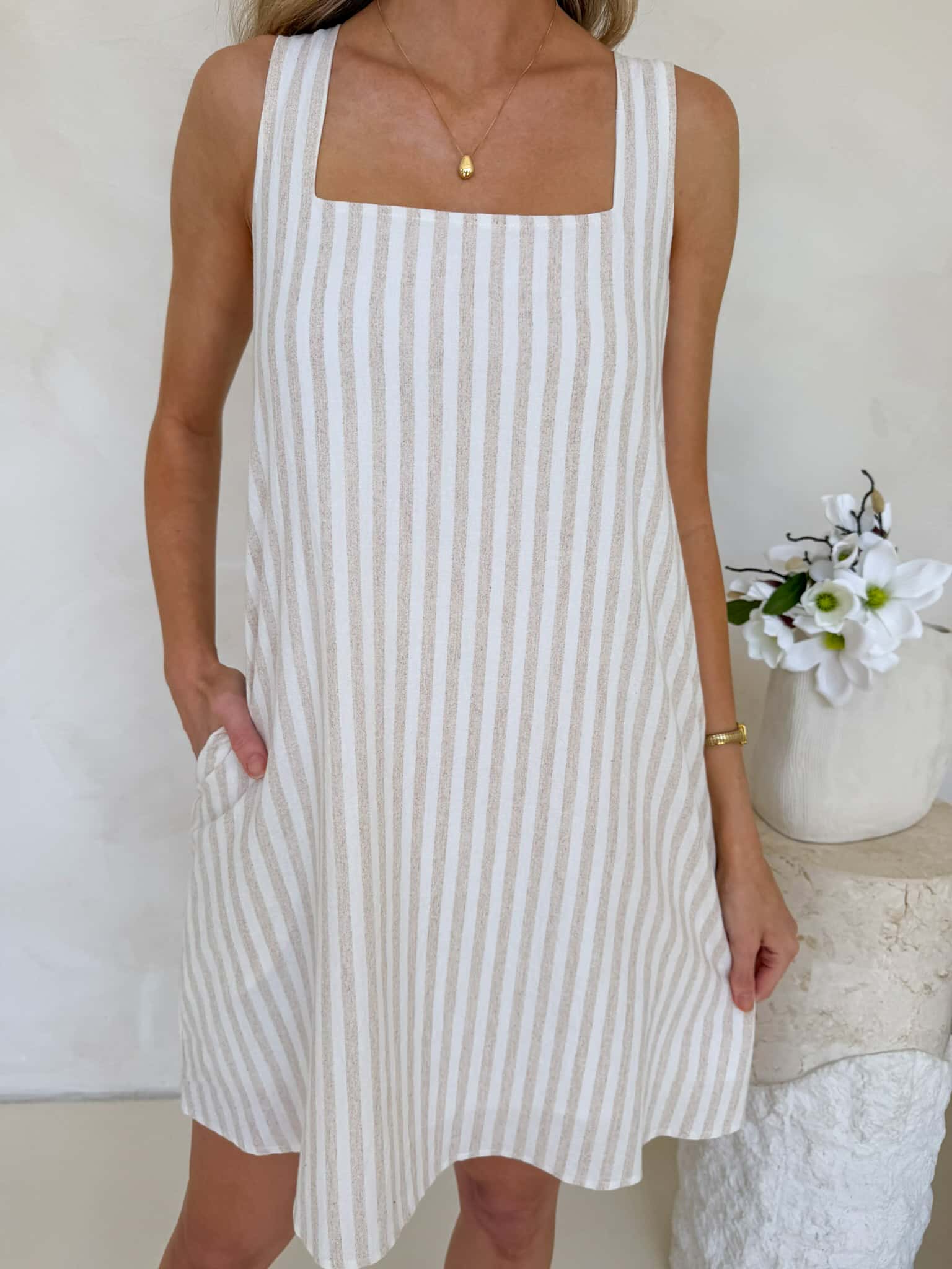 Frankie Dress - Beige & White Stripe